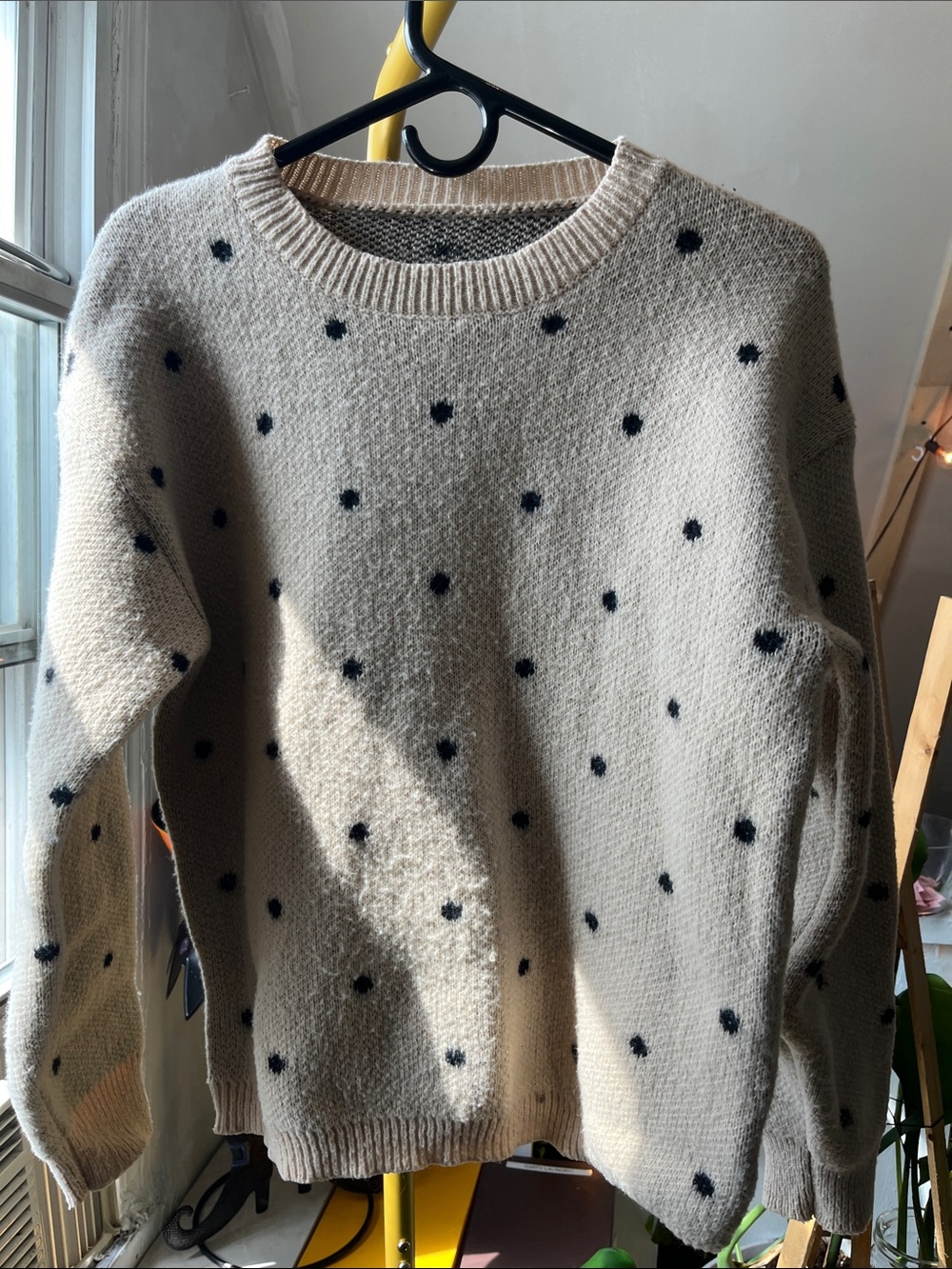 SHEIN Cream Crewneck Sweater with Black Polka Dots